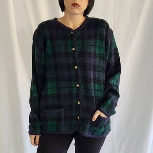 Plaid Button-Up Women's Sweater - Green and Black